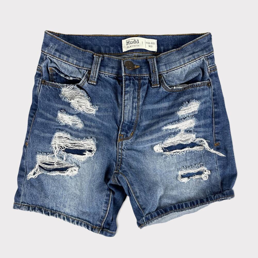 Mudd High Rise Midi Blue Denim Distressed Shorts Juniors Size 1 Flex Stretch
